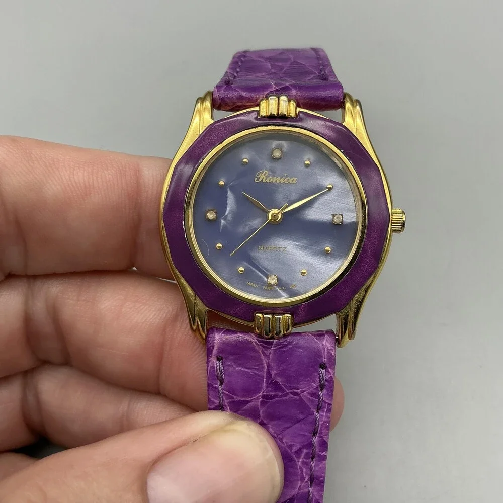 Vintage Ronica Womens Watch 31mm MOP Gold Tone Purple Leather Band New Battery